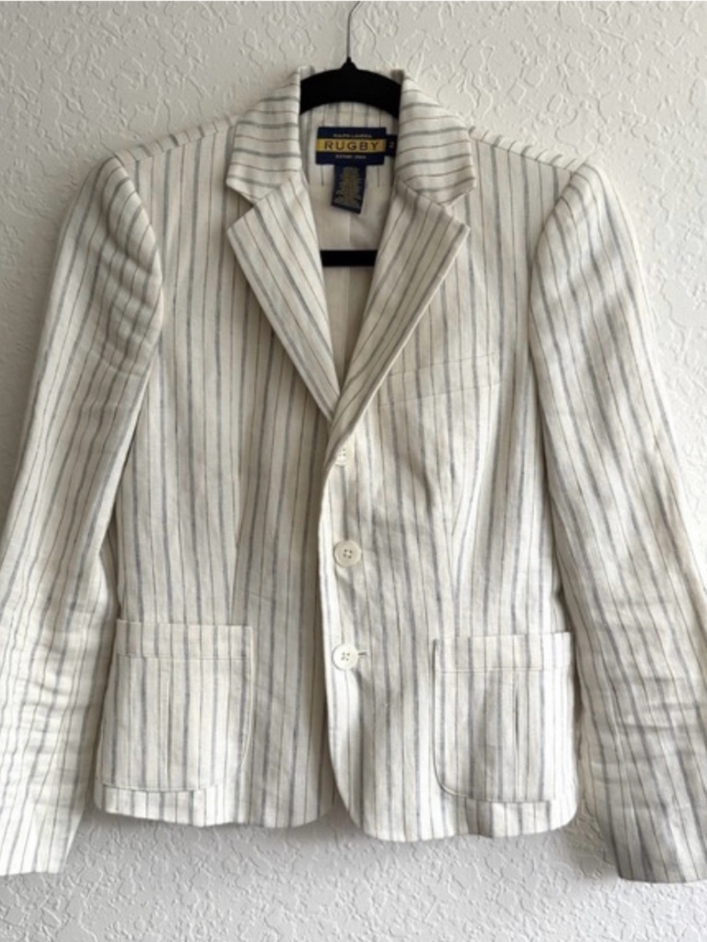Vintage Rugby Ralph Lauren Linen Blazer in Off White w/Navy Stripes SZ: 2